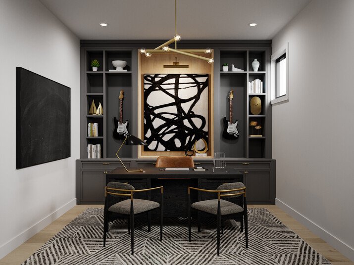 Black Masculine Basement Office Design Rendering thumb