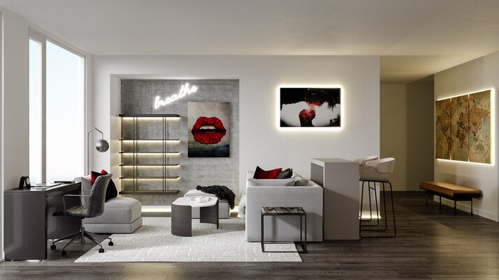 Feminine Bachelor Pad Living Room Decor Rendering thumb