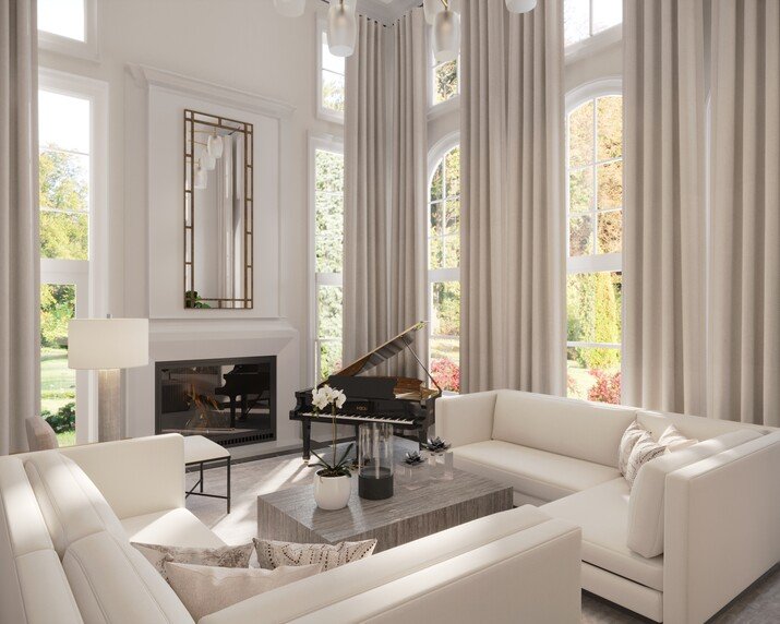 White Feminine High End Living Room with Piano Rendering thumb